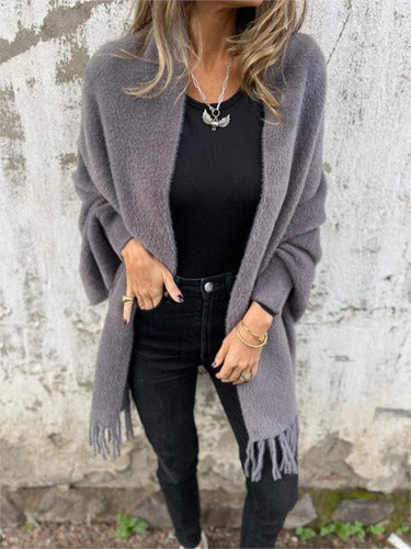 Greta - Casual Long Sleeve Jacket with Fringes and Knitted Scarf