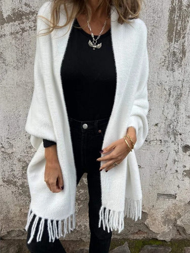 Greta - Casual Long Sleeve Jacket with Fringes and Knitted Scarf