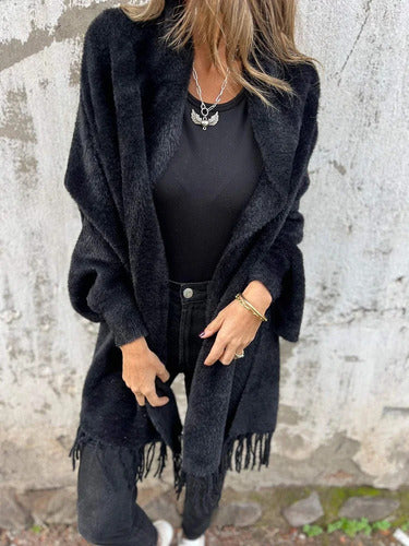 Greta - Casual Long Sleeve Jacket with Fringes and Knitted Scarf