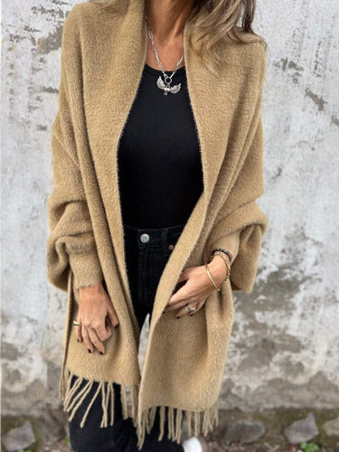 Greta - Casual Long Sleeve Jacket with Fringes and Knitted Scarf