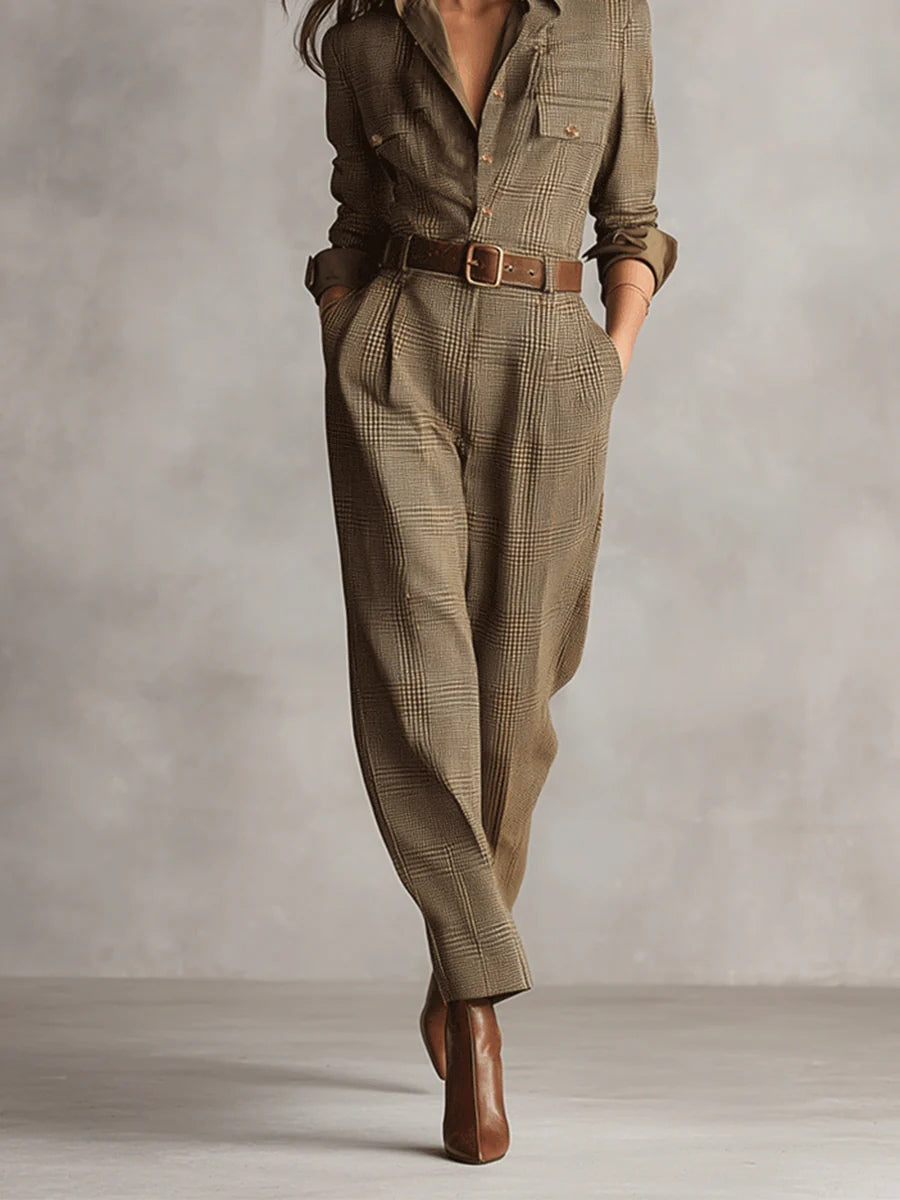 Barbara | Refined tweed texture checked utility jumpsuit