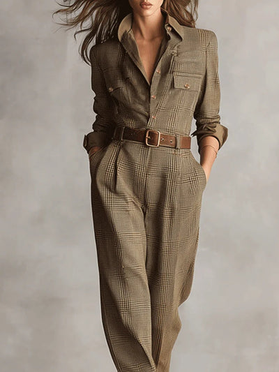Barbara | Refined tweed texture checked utility jumpsuit