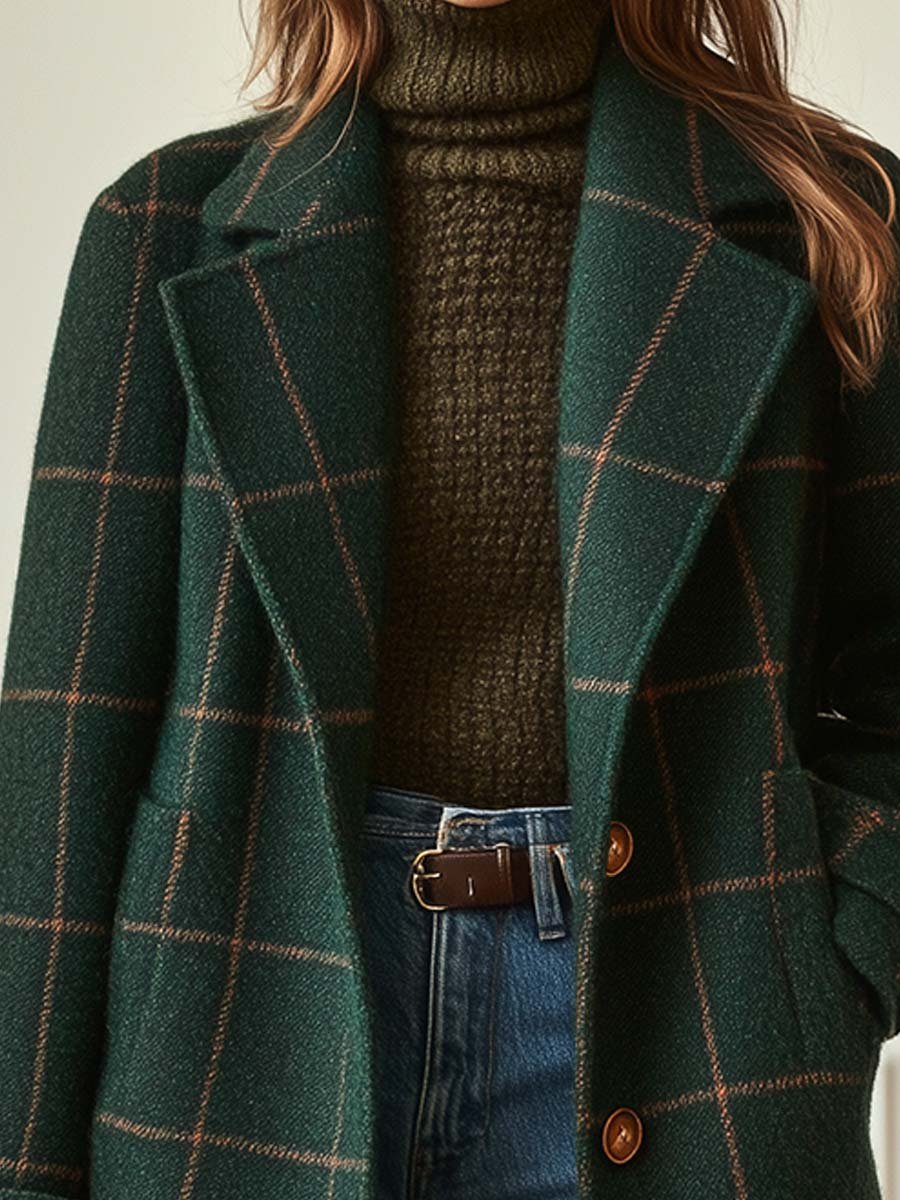 Tweed Check Coat with Retro Lapels for Women